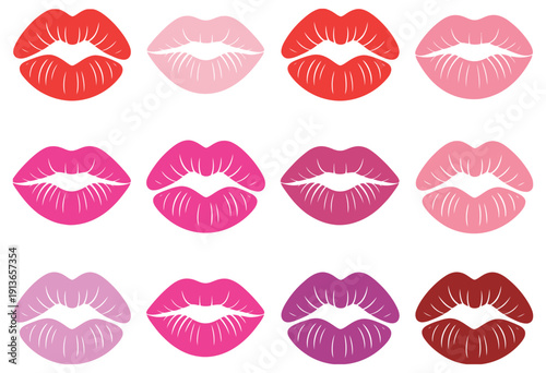 Colorful Lip Prints, vibrant lipstick mark illustrations isolated on white background