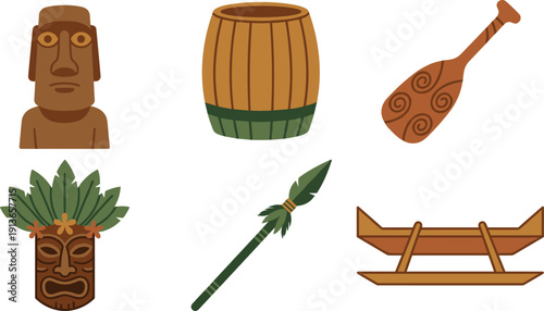 Polynesian tribal cultural icons vector illustration, tiki mask statue drum paddle spear canoe traditional island symbols flat design isolated on white background