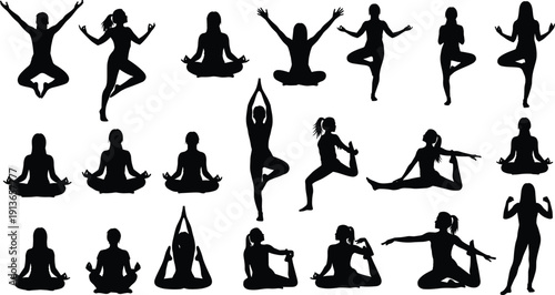 Women yoga silhouette set practicing diverse fitness poses stretching and meditation exercises for health wellness mindfulness zen lifestyle and spiritual tranquility vector illustration
