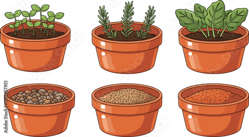 Potted herb and soil set, terracotta flower pots with seedlings rosemary spinach and planting materials vector illustration