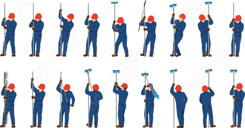 Industrial cleaner worker set, janitor in uniform washing windows with mop equipment vector illustration collection