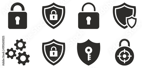 Secure Shield Icon Set, lock symbols and security vector graphics, representing digital protection, cybersecurity, data privacy, safe network, and access control concepts.