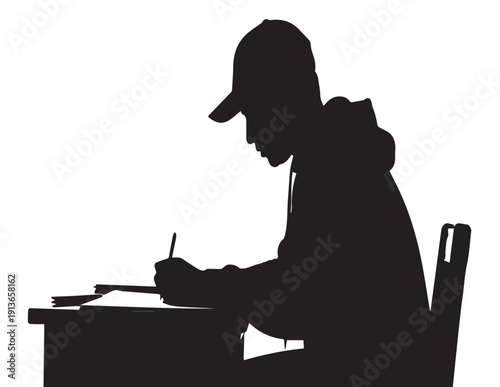 Black vector illustration of a man person sitting on a chair with a laptop computer in a professional business art silhouette