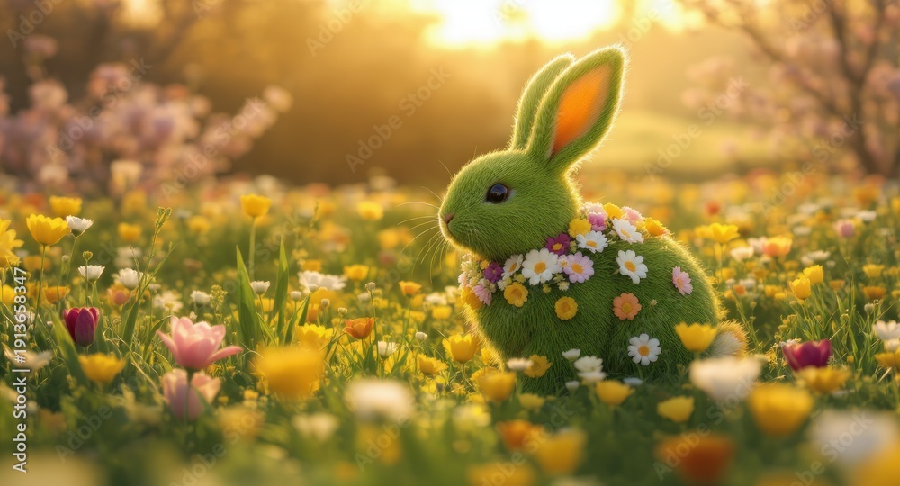 Fototapeta premium A vibrant green bunny, adorned with flowers, sits amidst a sunlit field of blooms