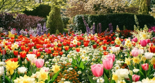 A vibrant flower garden showcases rows of colorful tulips, daffodils, and other blooms under the sun