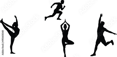 Athletic and dance silhouette vector illustration, dynamic human poses showing flexibility, yoga balance, jumping, stretching, expressive movement design for fitness, lifestyle themes