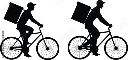 Bicycle delivery silhouette vector illustration, riders carrying boxes, urban courier service design for transport, logistics, fast shipping, eco‑friendly distribution themes