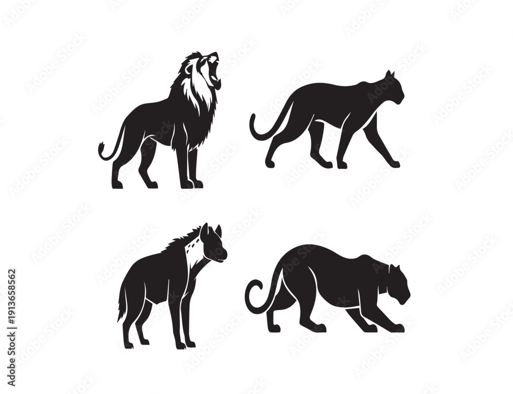 Naklejka premium A comprehensive collection of wild animal silhouettes featuring a set of running horse vectors, farm mammals, and zoo wildlife illustrations in a black nature icon outline set