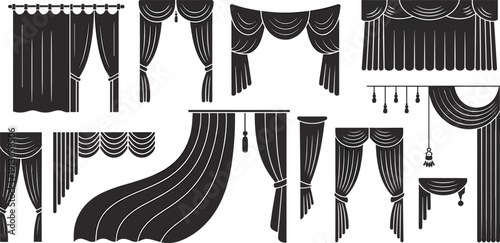 Curtain and drapery silhouettes vector illustration, decorative window treatments with tassels, valances, tiebacks, pleated designs for interior, home decor, textile inspiration