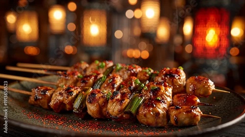 Grilled chicken skewers with spices and herbs on a dark plate.