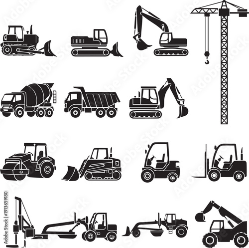 Isolated vector illustration of an industrial set of construction machines and heavy trucks including an excavator, crane, and bulldozer silhouette icons for machinery transport and power equipment.