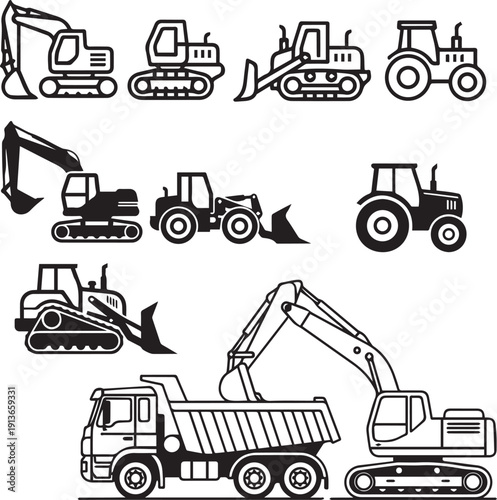 Vector illustration of a set of trucks and construction machines including excavator, bulldozer, tractor and forklift isolated on white background.