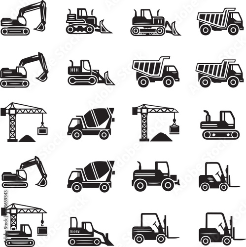 Vector transportation icons set featuring truck, car, bus, train, airplane, taxi and other vehicle symbols in illustration style.