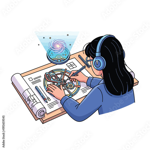 Female Engineer Drafting Complex Mechanism Blueprint with Holographic Galaxy Projection, Concept of Advanced Engineering Design and Innovation