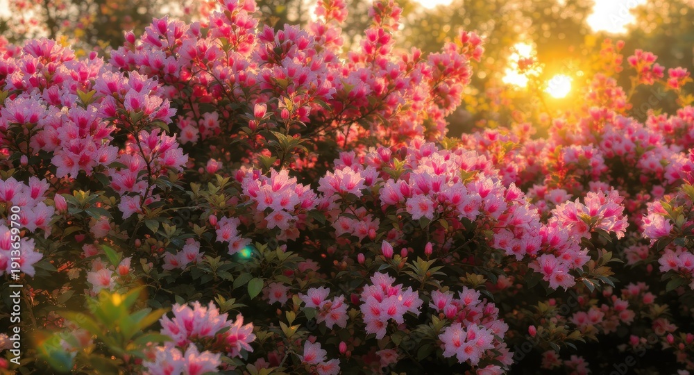 Obraz premium Sunlit, close-up of vibrant pink flowering bush with sunlight backlighting the flowers