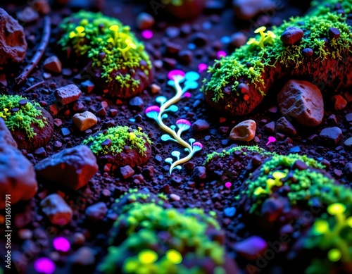 Bioluminescent Forest Floor with Glowing Fungi and Moss