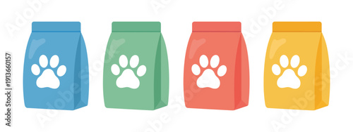 Colorful Dog Food Bags, vibrant pet food packaging vectors, bag designs for dog nutrition, pet store branding, and animal care illustrations.