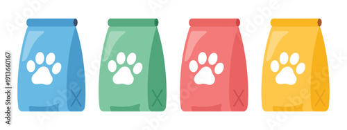 Colorful Dog Food Bags, vibrant pet food packaging vectors, bag designs for dog nutrition, pet store branding, and animal care illustrations.