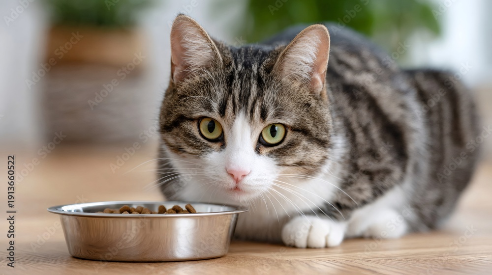 Fototapeta premium Tabby cat staring at its food bowl, waiting for mealtime