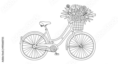 Bicycle and Floral Arrangement: A classic bicycle with a wicker basket overflows with a vibrant floral arrangement, painted in a simple line art.