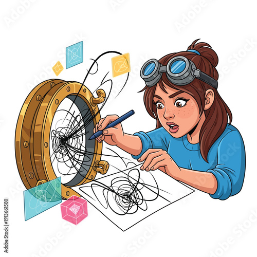 Steampunk Girl Drawing Abstract Complexity from a Sci-Fi Brass Portal. Vector illustration of creativity, chaos theory, and data visualization.