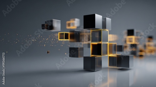 Abstract image of a group of floating cubes, some with glowing cores, suggesting futuristic technology or data visualization. The image is on a sleek, grey surface