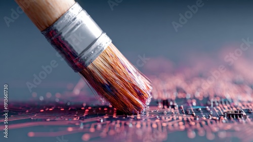 Artistic paintbrush adding colors to the technology circuit board