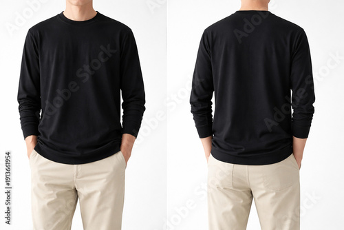 Fotografie Model with black long sleeve t-shirt mockup design front and back