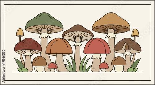 A Collection of Various Stylized Mushrooms in Different Sizes and Colors.