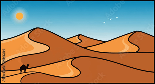 A lone camel walks across vast desert sand dunes under a bright sun.