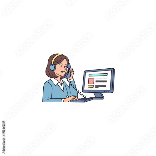 semi-flat vector icon of receptionist answering phone with computer monitor
