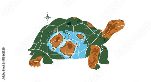 A stylized tortoise with a map on its shell.