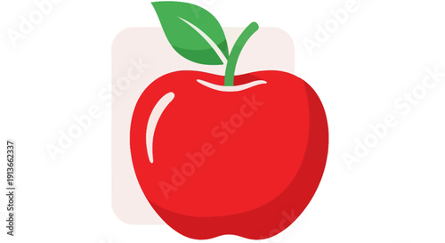 A vibrant red apple with a green leaf and stem.