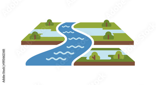 A winding river flows through a green landscape with trees.