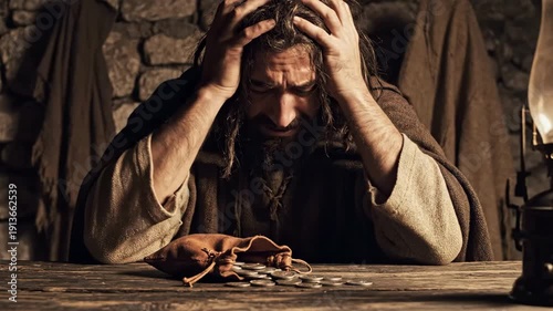 Bearded Man Distraught Over Silver Coins, Cloaked Figure In Stone Chamber, Leather Pouch Spilled Across Wooden Table, Lamplight Casting Warm Shadow, Hands Tangled In Hair, Face Twisted With Guilt.