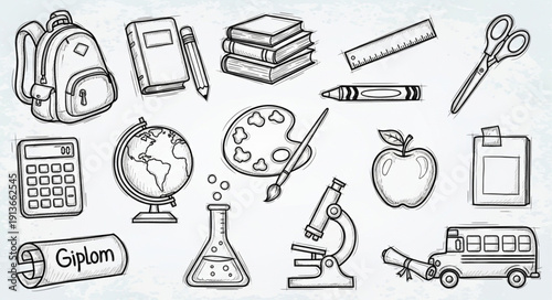 Collection of hand-drawn school supplies and educational items.