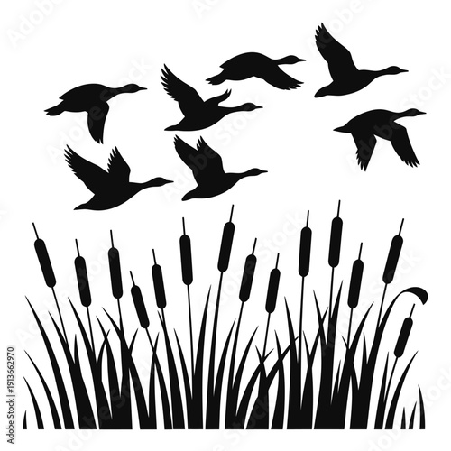 Silhouette of flying geese above cattails and reeds in a black and white design