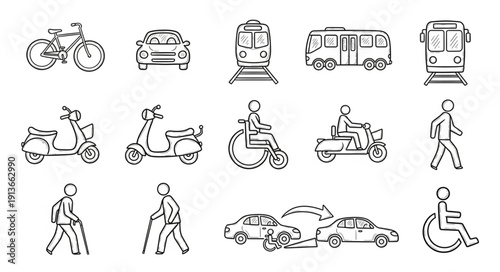 Collection of hand-drawn transportation and people icons.