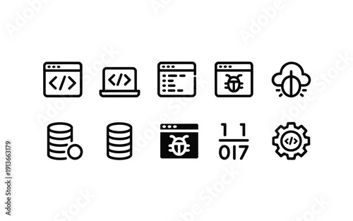 Black and white icons representing software development debugging and cloud services