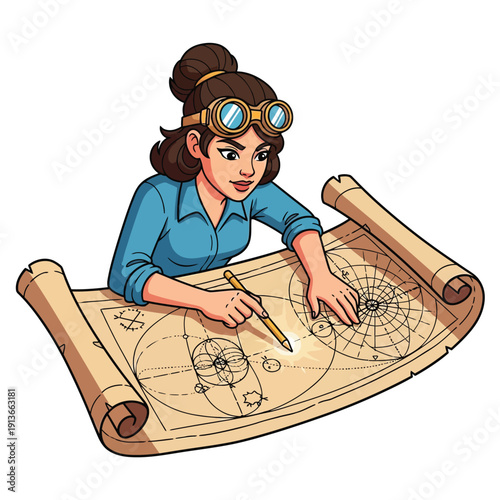 Steampunk Inventor Woman Studying Ancient Celestial Blueprint Scroll Illustration