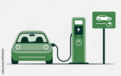 Electric Car Charging, vehicle at a charging station in urban city environment, sustainable transportation