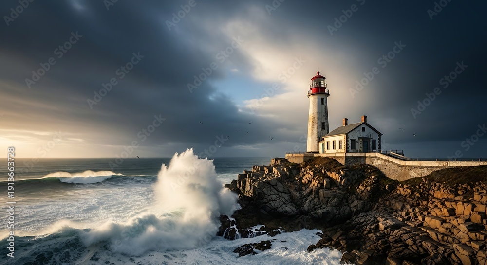 Obraz premium Lighthouse on Rocky Coastline with Stormy Weather.