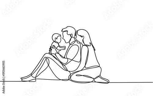 A continuous line drawing depicts a family of three embracing tenderly