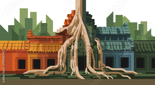 Ancient Tree Roots Intertwined with Historic Buildings and Modern Cityscape.