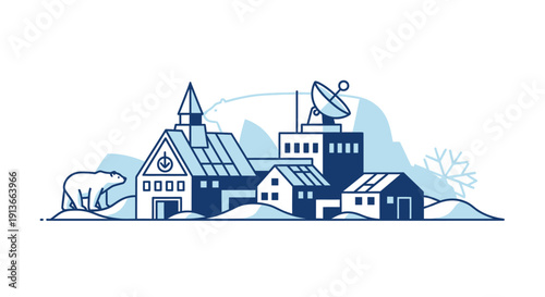 Arctic Research Station with Polar Bear and Satellite Dish.