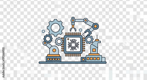 Automated Microchip Manufacturing Process with Robotic Arms and Gears.
