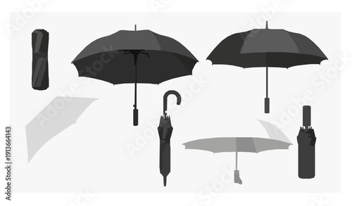 Realistic umbrella vector set with different types of black and white umbrellas isolated on white background