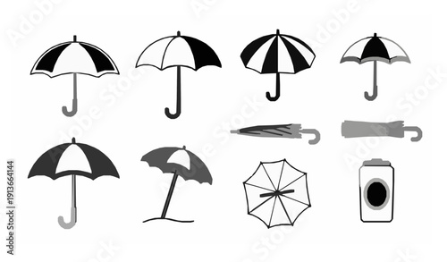 Black and white umbrella vector collection with rain and parasol types isolated on white background