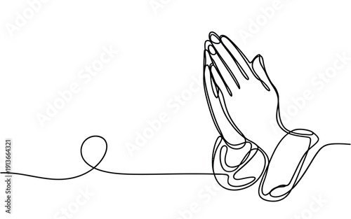 A continuous line drawing depicts praying hands in a gesture of reverence