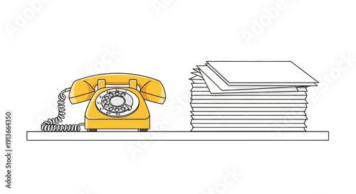 Illustration of a yellow rotary phone next to a tall stack of papers on a shelf